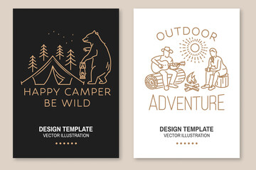 Outdoor adventure badge. Vector. Set of Line art flyer, brochure, banner, poster with bear with lantern, camper tent, pot on the fire, axe and mountain.