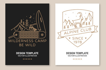 Wilderness camper. Be wild. Alpine club. Vector. Set of Line art flyer, brochure, banner, poster with bear with pocket knife, camping tent, rock climbing Goat, mountain, forest silhouette.
