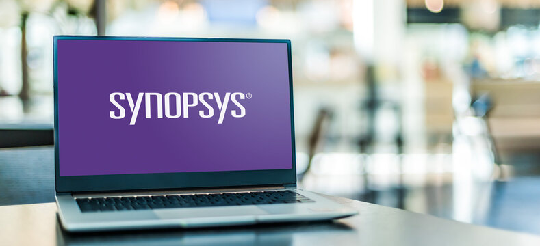 Laptop computer displaying logo of Synopsys