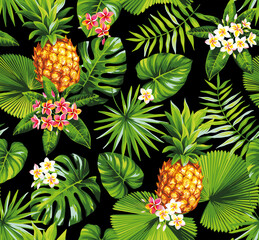 Tropical seamless pattern with pineapples, palm leaves and exotic flowers. Floral design on a black background. Vector illustration.