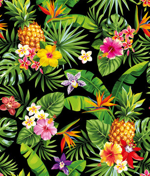 Tropical seamless pattern with pineapples, palm leaves and exotic flowers. Floral design on a black background. Vector illustration. © Anna Sm
