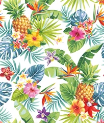 Deurstickers Tropical seamless pattern with pineapples, palm leaves and exotic flowers. Floral design on a white background. Vector illustration. © Anna Sm