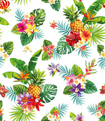 Tropical seamless pattern with pineapples, palm leaves and exotic flowers. Floral design on a white background. Vector illustration.