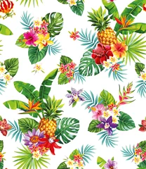  Tropical seamless pattern with pineapples, palm leaves and exotic flowers. Floral design on a white background. Vector illustration. © Anna Sm