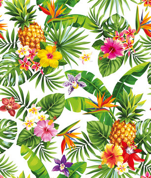 Tropical seamless pattern with pineapples, palm leaves and exotic flowers. Floral design on a white background. Vector illustration.