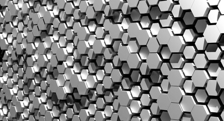 Light honeycomb background with blurred background. Cell background light white metal with wallpaper reflection. 3D render illustration.