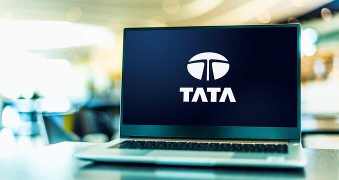 Laptop computer displaying logo of The Tata Group