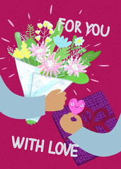 Cute greeting card with bouquet of flowers, gift box in hands. Love story, relationship, declaration of love. Romantic design concept for Valentine's Day, Birth day or events. Flat vector illustration