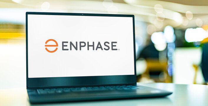 Laptop computer displaying logo of Enphase Energy