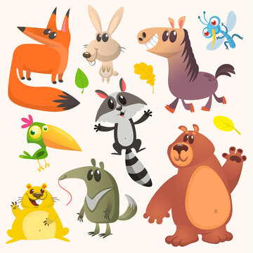 Set of funny animals isolated on white background. Cartoon fox ant-eater horse bunny raccoon hamster and bear. Vector illustration isolated