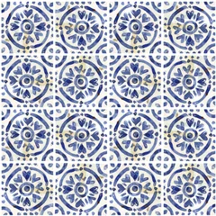 Gordijnen Watercolor seamless pattern ceramic tile stylization with cobalt ornaments. Azulejos portugal, Turkish ornament, Moroccan tile mosaic, Talavera ornament. © Tonia Tkach