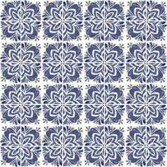 Stof per meter Watercolor seamless pattern ceramic tile stylization with cobalt ornaments. Azulejos portugal, Turkish ornament, Moroccan tile mosaic, Talavera ornament. © Tonia Tkach