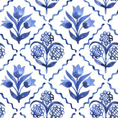 Watercolor seamless background with blue flowers in folk style. Stylish ornamental pattern for printing on fabric, textiles, paper.