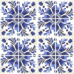 Papier Peint photo Lavable Portugal carreaux de céramique Stylisation de carreaux de céramique à motif harmonieux d& 39 aquarelle avec des ornements de cobalt. Azulejos portugal, ornement turc, mosaïque de carreaux marocains, ornement Talavera.