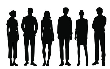 Vector silhouettes of  men and a women, a group of standing   business people, students, black  color isolated on white background