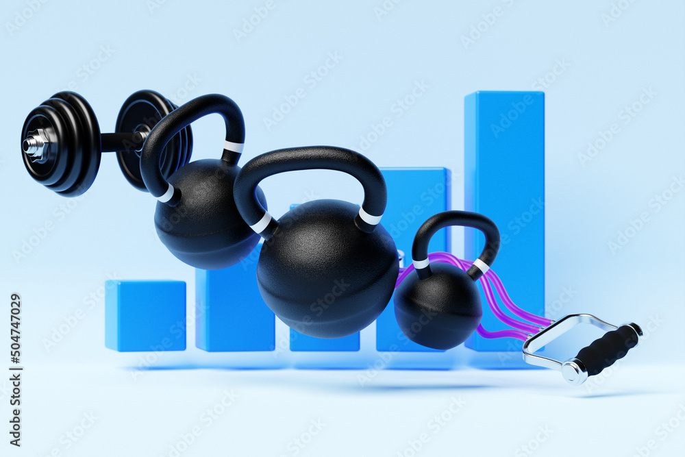 Wall mural 3D illustration, black dumbbells, kettlebells, and fitness bands against the background of a growth graph on a blue colorful background.