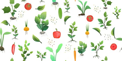 Seedling garden plants with roots and Sunflower seeds. Vegetables fruits. Sowing agricultural material. Seamless pattern. Isolated on white background. Vector