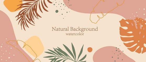 Summer background with exotic leaves and abstract forms. Design for banner, cover, branding, card.