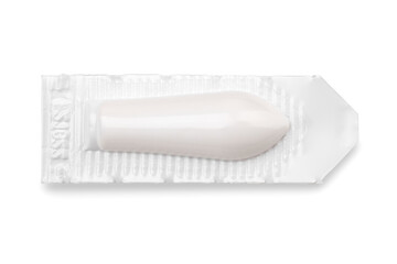 Suppository in white pack, medicine. Suppository for vaginal or anal use on gray background top view. Suppositories for treatment of hemorrhoids, fever, thrush, inflammation or constipation.