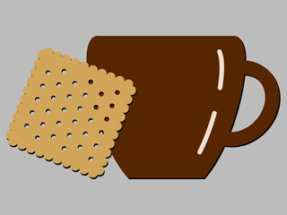 Raster graphics - a brown cup of coffee and a square cracker with holes close-up. Concept breakfast or coffee shop