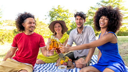 summer holidays outdoor picnic. multiracial group of friends having food and drinking beers laying on a blanket in a park garden. people happy hour enjoying together a break toast. lifestyle concept