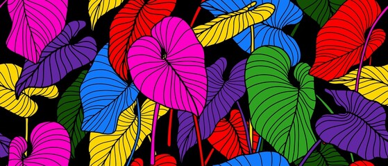 Luxury background with colorful palm leaves. Line art botanical vector illustration. Natural design. Bright pink, blue, red, yellow, violet, green colors.