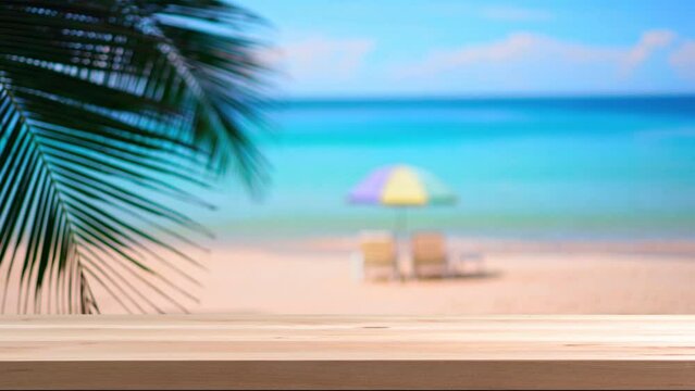 Wooden table top with blurred tropical beautiful white sand beach, Summer vacation concept and copy space