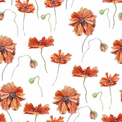 Seamless floral pattern watercolor hand drawn poppies