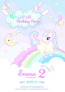 Cute unicorn Birthday card invitation template.  Vector illustration for kids. Rainbow and magical night sky.