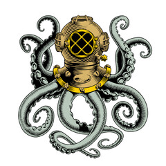 Octopus and vintage diver helmet. Kraken tentacles. T-shirt design, tattoo, poster, sign or label. Comic style vector illustration © ledokolua