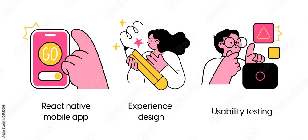 Poster mobile app design and development process - set of business concept illustrations. mobile app, exper