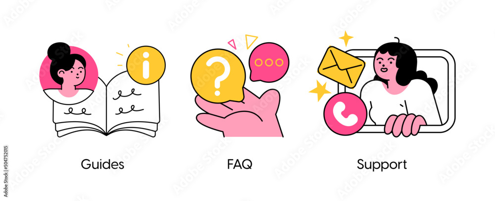 Poster website menu bar abstract concept vector illustration set. guides, faq and support landing page sect
