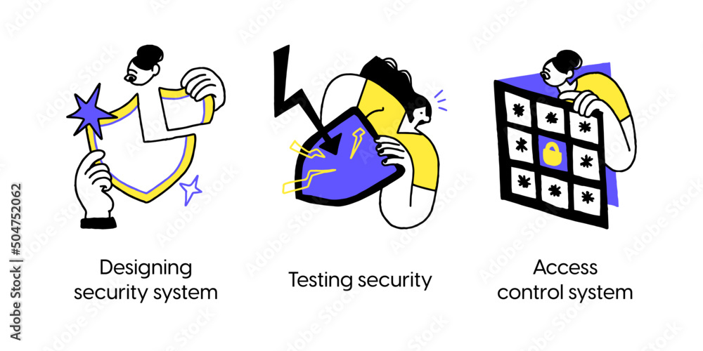 Poster data protection and security system - set of abstract business concept illustrations. designing secu