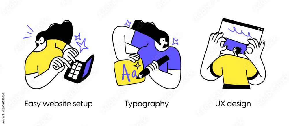 Poster web application development and design - set of abstract business concept illustrations. website set