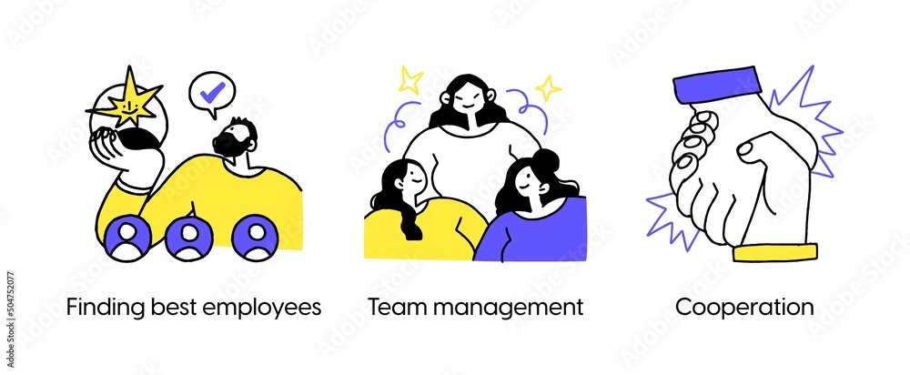Aufkleber strategies to build collaborative teams - set of abstract business concept illustrations. finding be