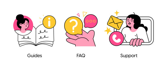 Website menu bar abstract concept vector illustration set. Guides, FAQ and support landing page sections abstract metaphor.