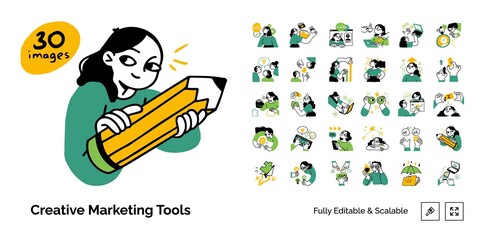 Business Marketing illustrations. Mega set. Collection of scenes with men and women taking part in business activities. Trendy vector style