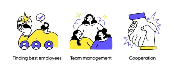 Strategies to Build Collaborative Teams - set of abstract business concept illustrations. Finding best employees, team management, cooperation. Visual stories collecction. © stonepic
