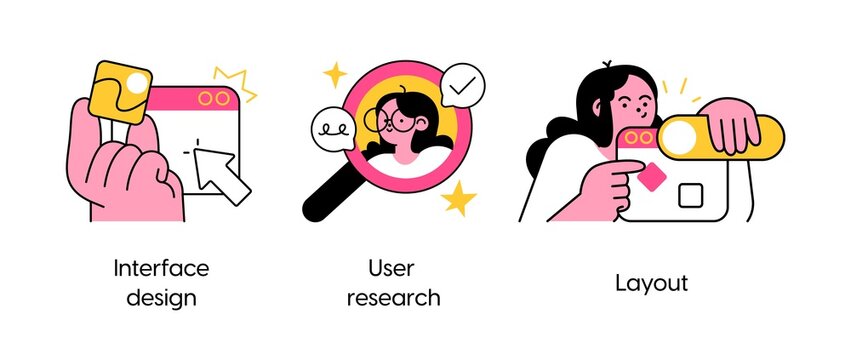 User interface development abstract concept vector illustration set. Interface design, user research, layout abstract metaphor.