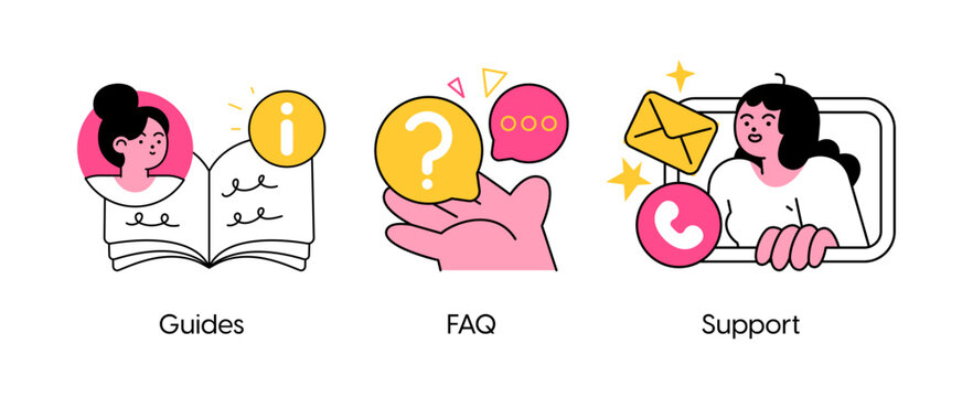 Website menu bar abstract concept vector illustration set. Guides, FAQ and support landing page sections abstract metaphor.