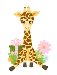 Cute gift giraffe in the grass with flowers.