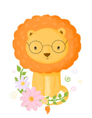 Cute lion in the grass with flowers.