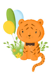Cute tiger with balloons in the grass with flowers.