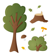 Tree bush and stump. Cartoon vector set of isolated elements.