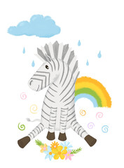 Cute zebra with flowers and a rainbow in the rain.