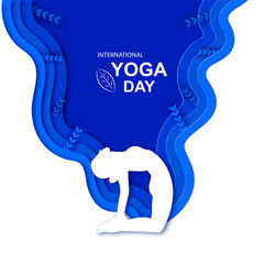 Beautiful blue color paper laser cut design concept. Female yoga body posture.