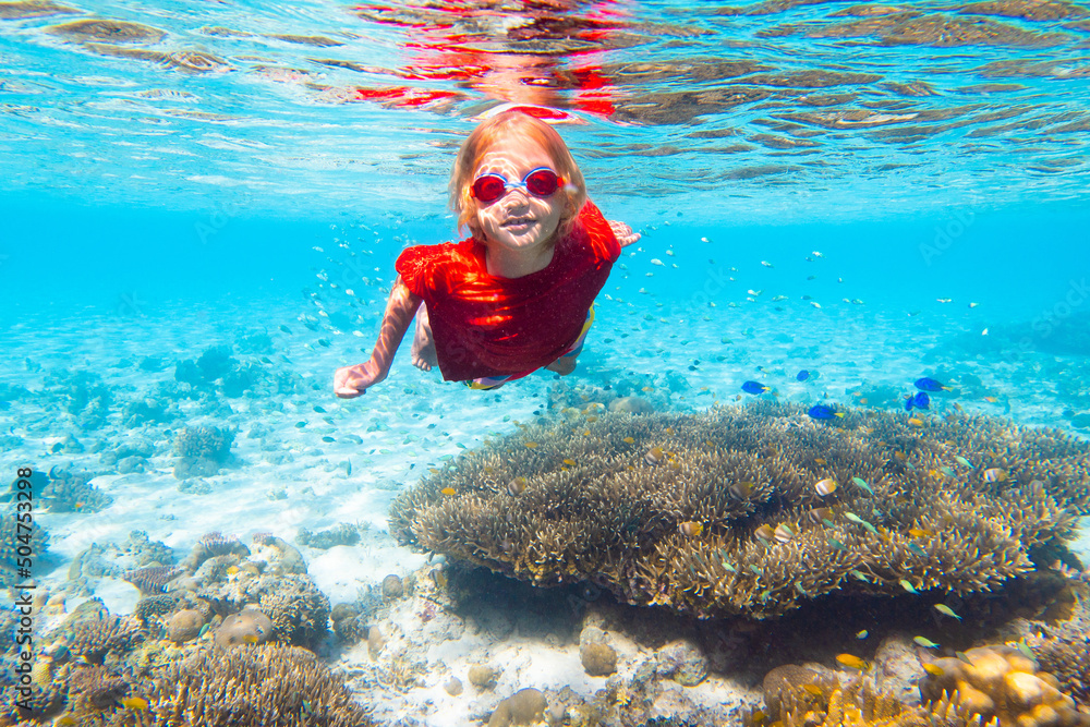 Wall mural child snorkeling. kids underwater. beach and sea.