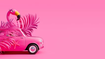 Fotobehang Roze retro auto met roze flamingo klaar voor zomervakantie 3D Rendering, 3D Illustration © hd3dsh