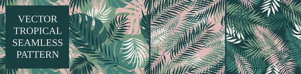 Set 5, Seamless patterns with tropical exotic leaves and plants, vector botany composition in green and pink colors