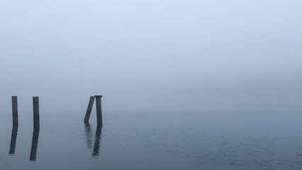 Fototapeta premium piles sticking out of the water in foggy evening nature landscape